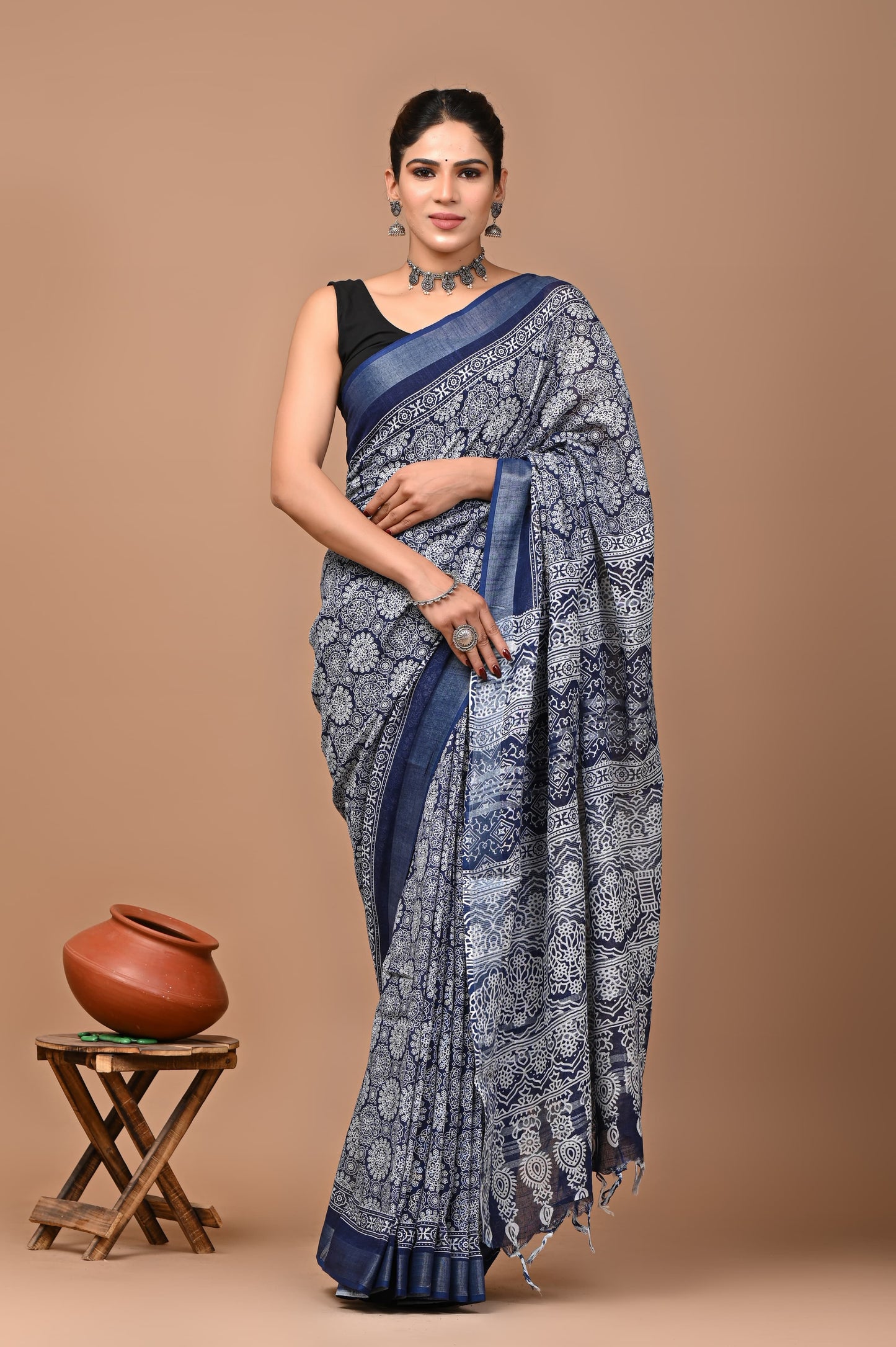 Block Printed Cotton linen Saree With Unstiched Blouse