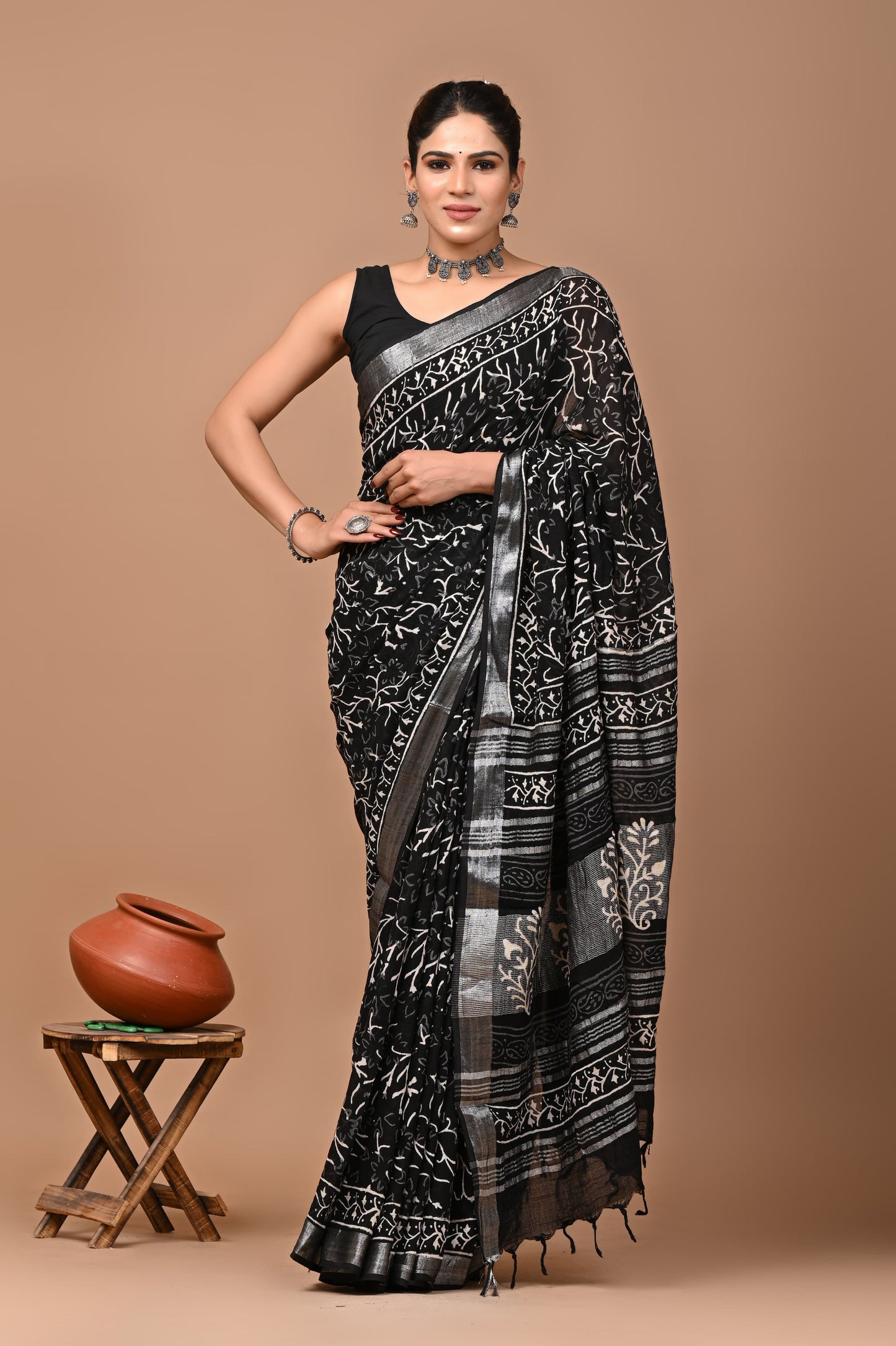 Block Printed Cotton linen Saree With Unstiched Blouse