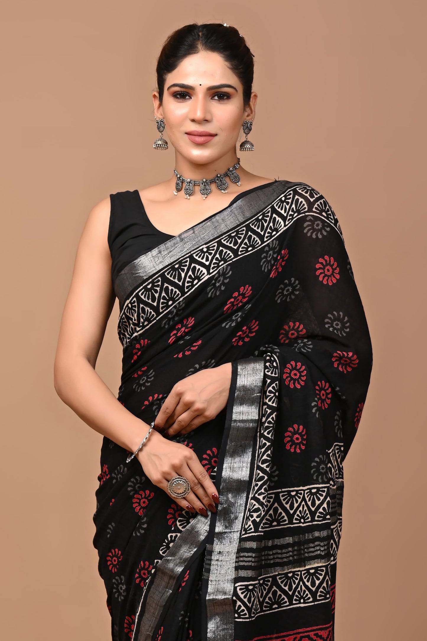 Block Printed Cotton linen Saree With Unstiched Blouse