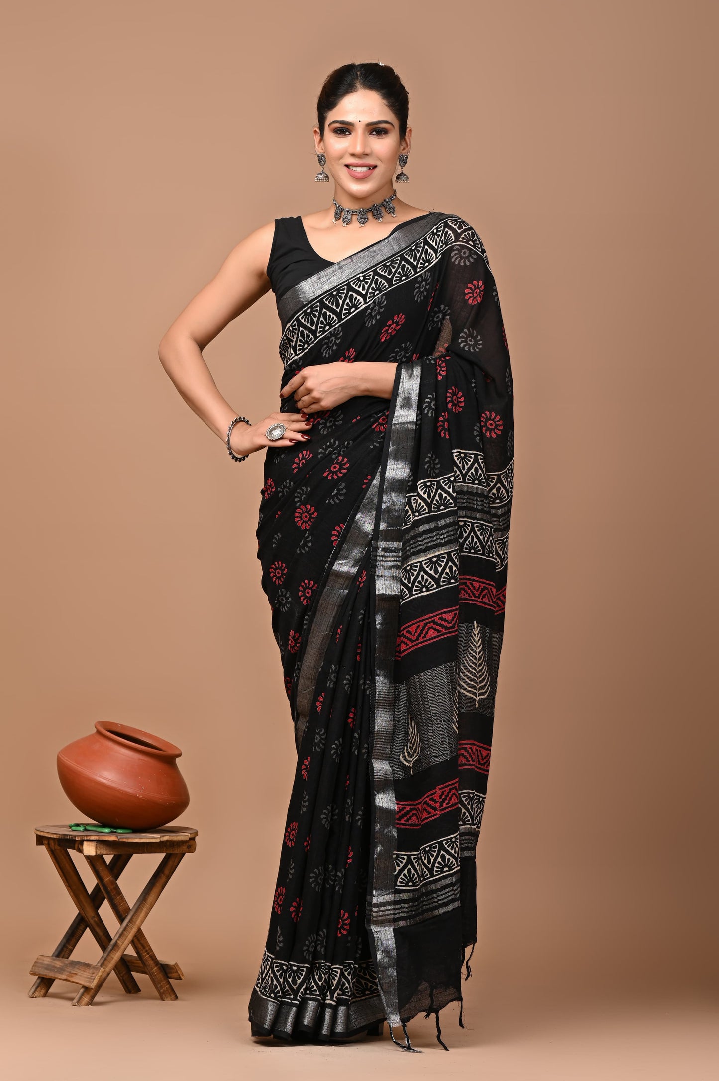 Block Printed Cotton linen Saree With Unstiched Blouse