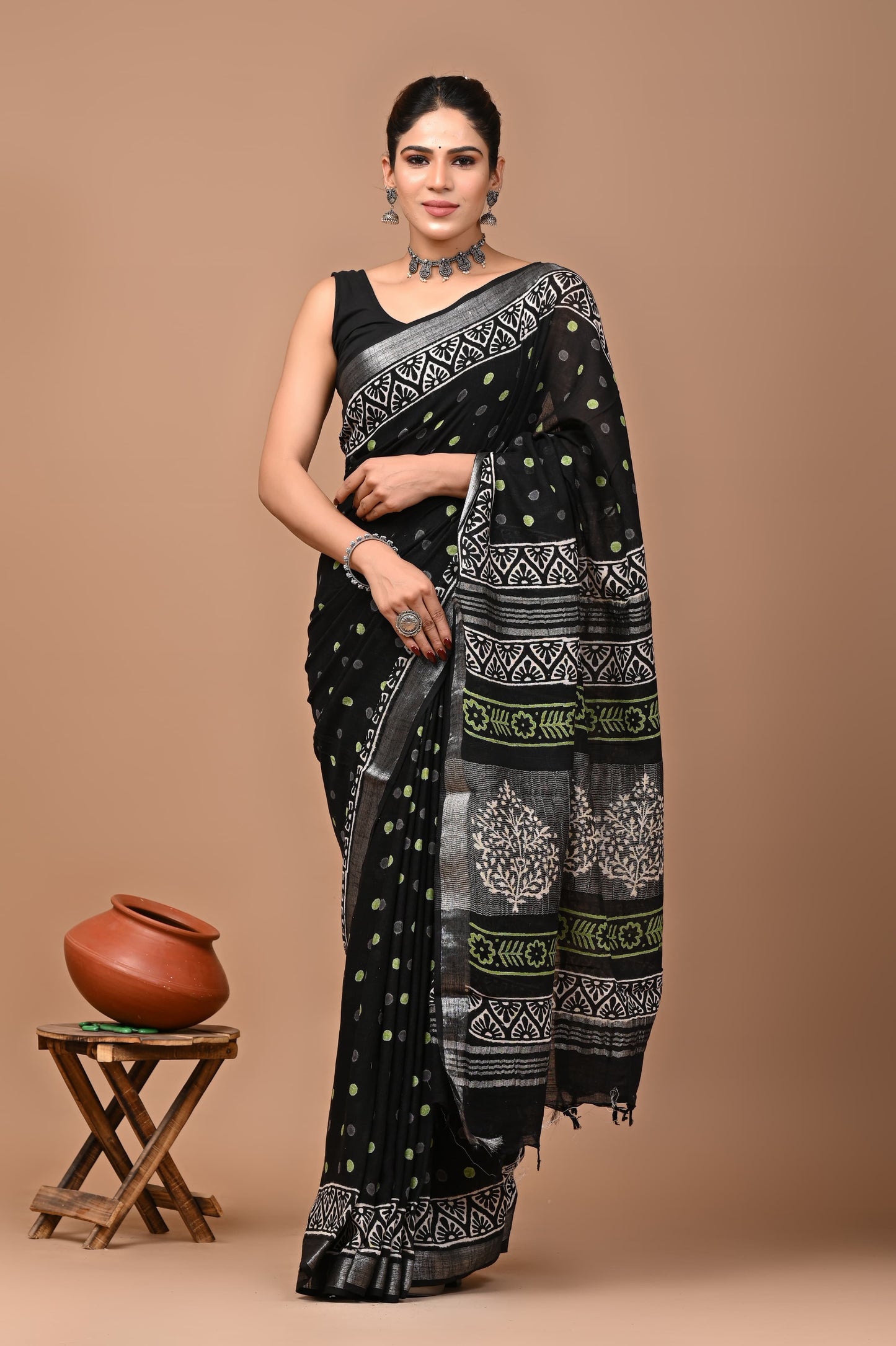 Block Printed Cotton linen Saree With Unstiched Blouse