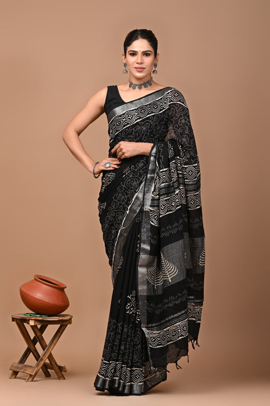 Block Printed Cotton linen Saree With Unstiched Blouse