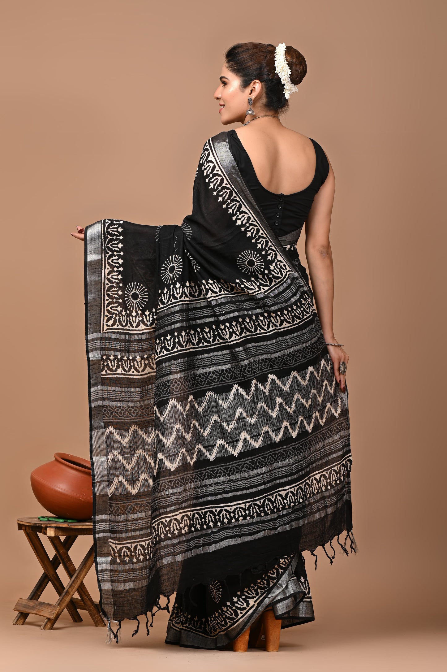 Block Printed Cotton linen Saree With Unstiched Blouse