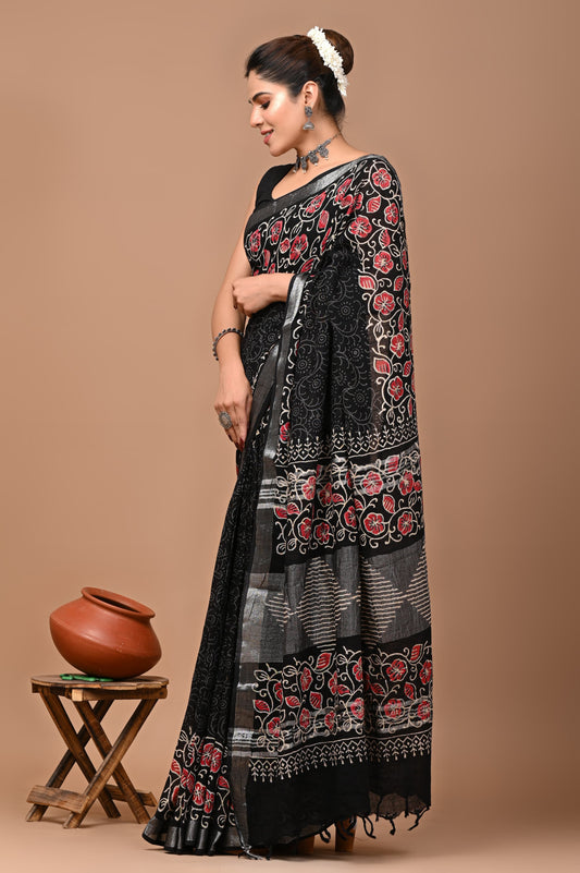 Block Printed Cotton linen Saree With Unstiched Blouse