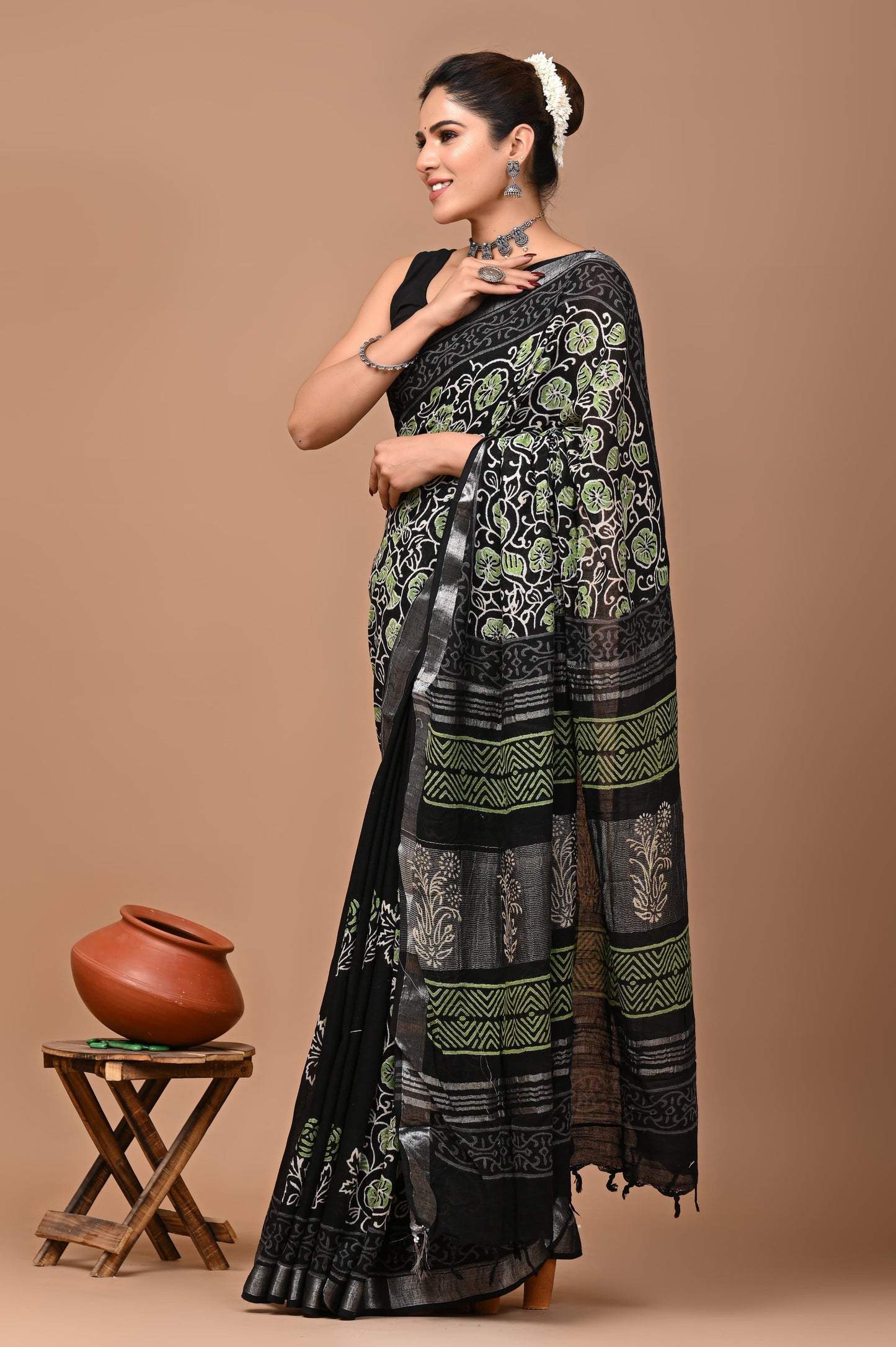 Block Printed Cotton linen Saree With Unstiched Blouse