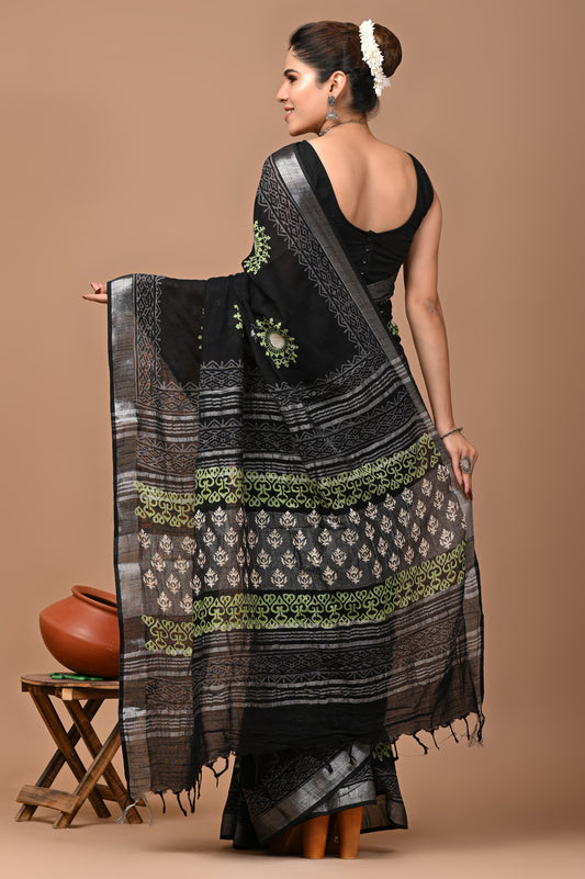 Block Printed Cotton linen Saree With Unstiched Blouse