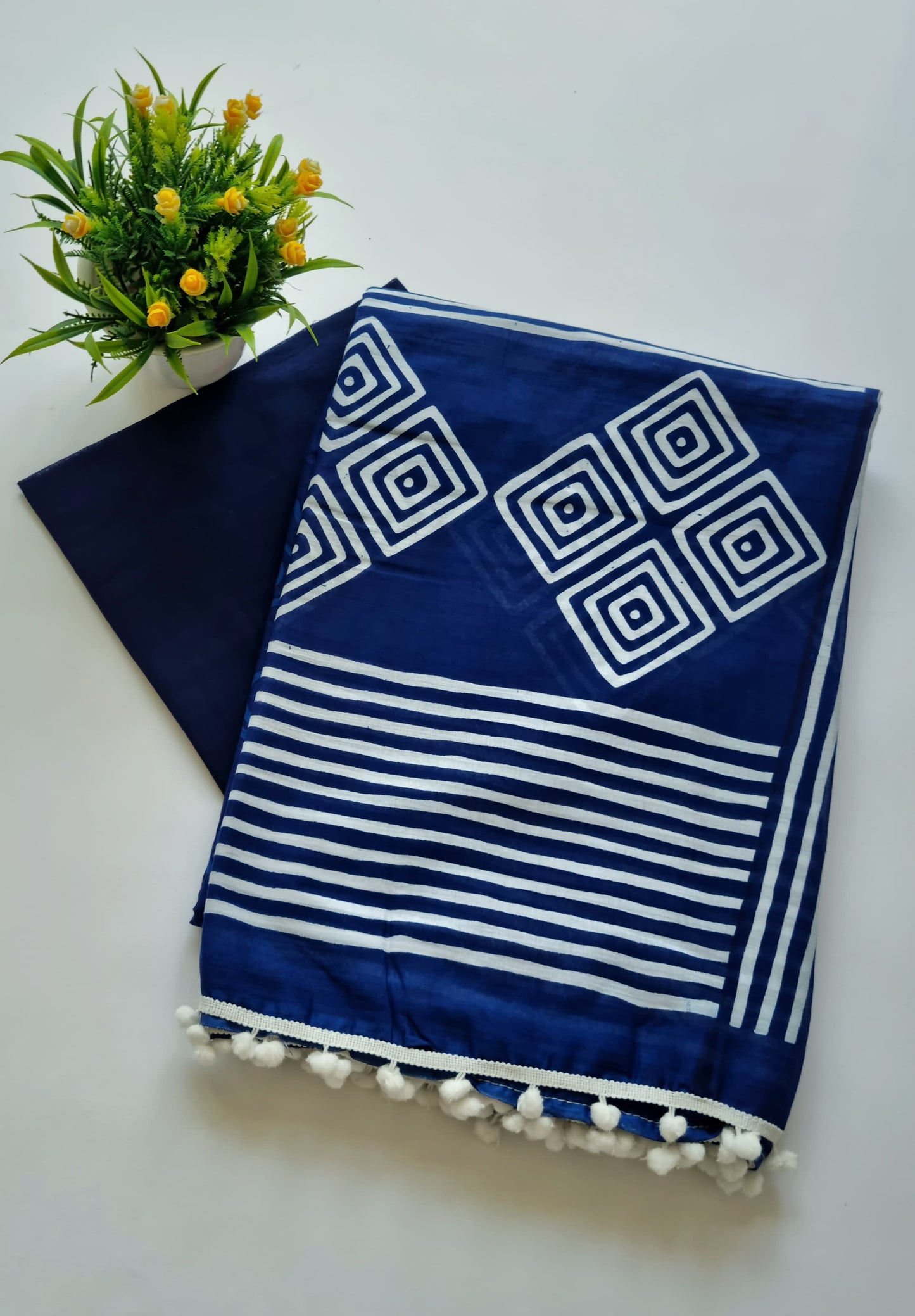 Printed Pure Cotton Mulmul Saree With PomPom Lace