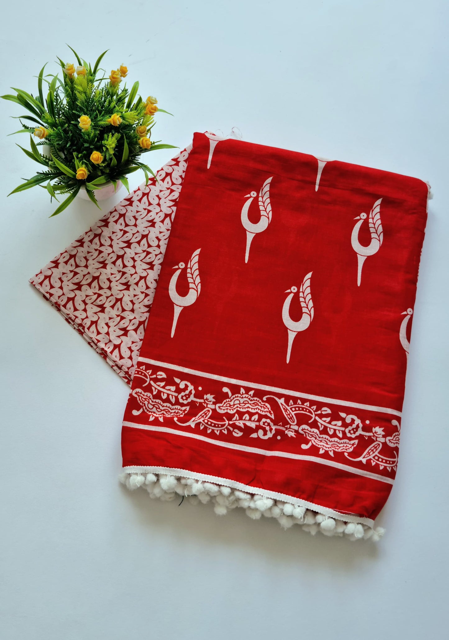 Printed Pure Cotton Mulmul Saree With PomPom Lace