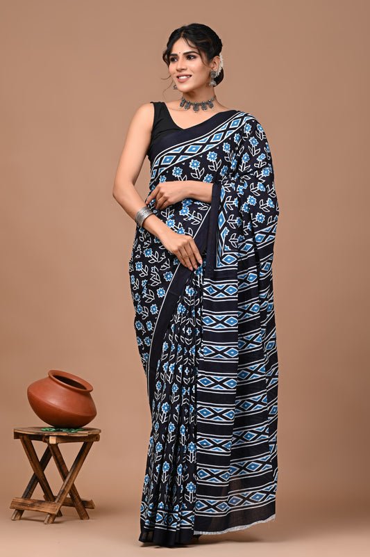 Jaipuri Printed Pure Cotton Mulmul Saree With Blouse