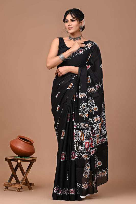 Jaipuri Printed Pure Cotton Mulmul Saree With Blouse