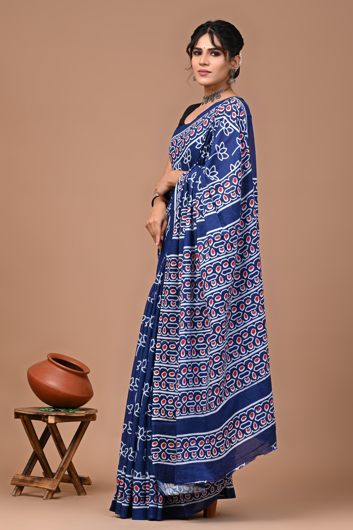 Jaipuri Printed Pure Cotton Mulmul Saree With Blouse