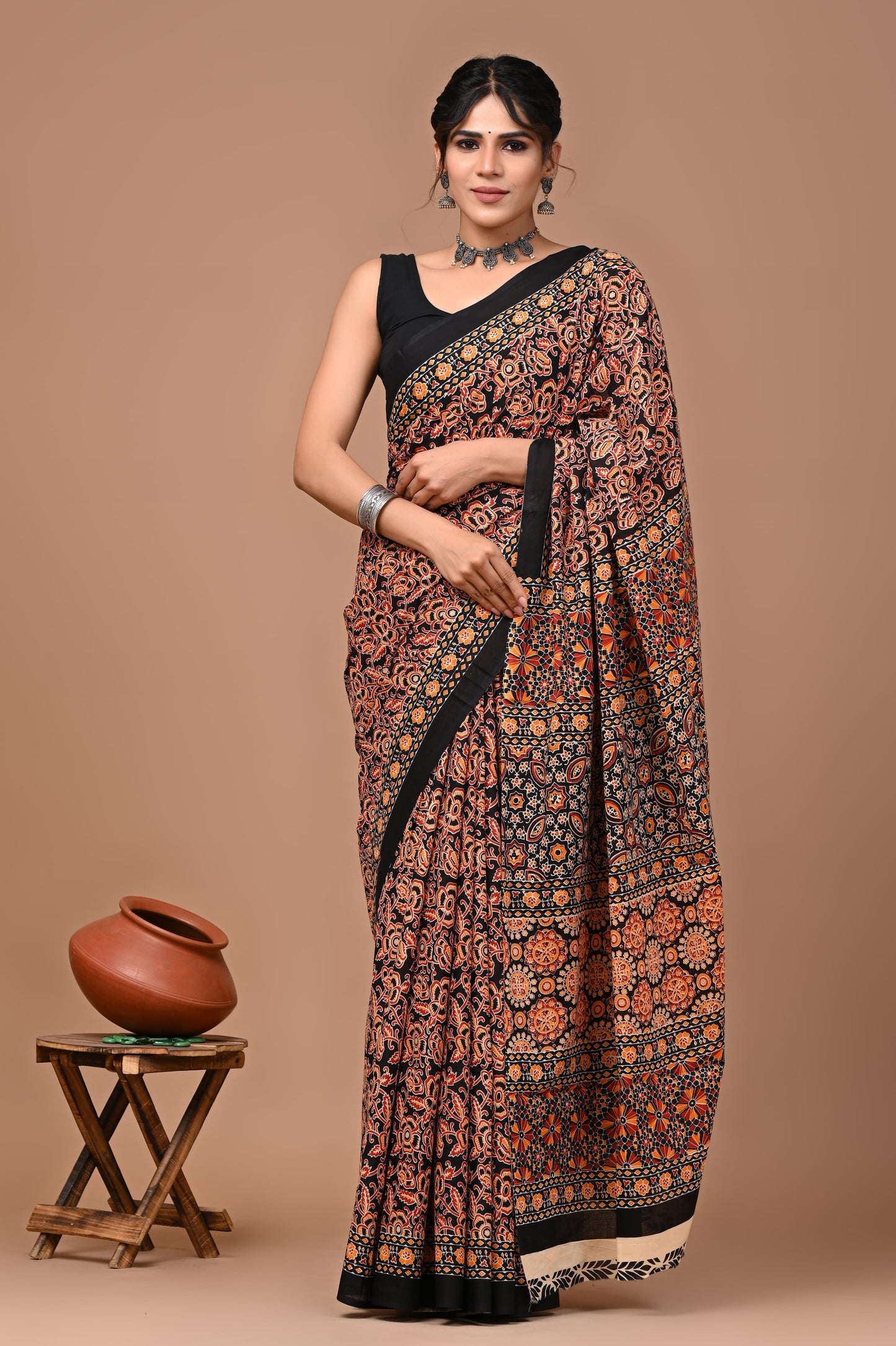 Jaipuri Printed Pure Cotton Mulmul Saree With Blouse