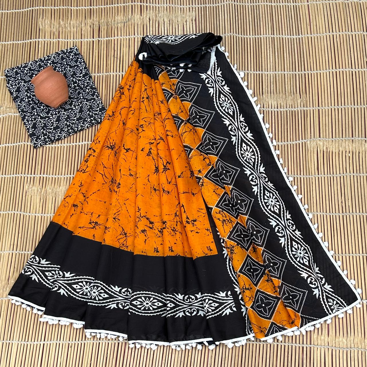Printed Pure Cotton Mulmul Saree PomPom Lace
