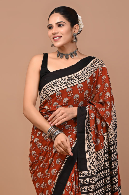 Jaipuri Printed Pure Cotton Mulmul Saree With Blouse