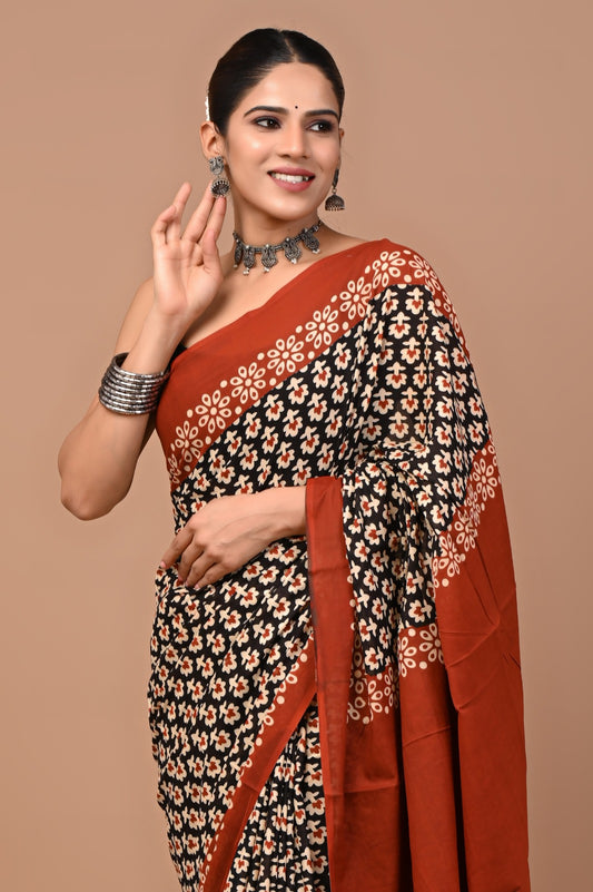 Jaipuri Printed Pure Cotton Mulmul Saree With Blouse