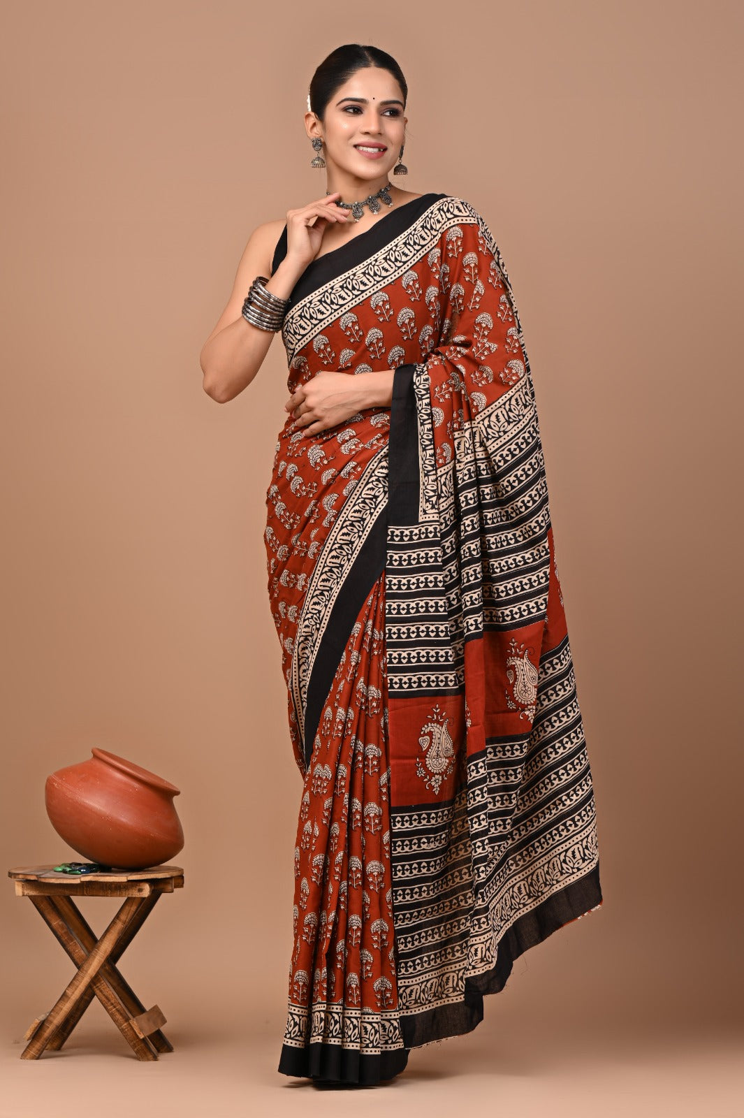 Jaipuri Printed Pure Cotton Mulmul Saree With Blouse