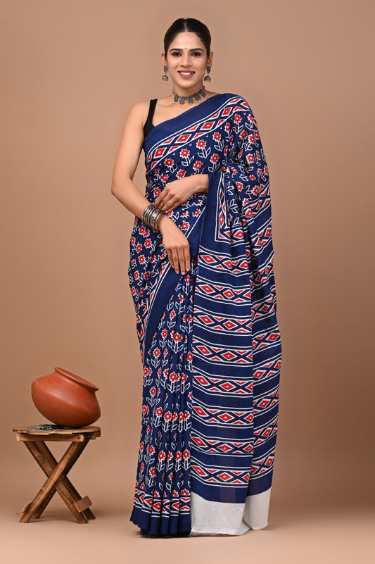 Jaipuri Printed Pure Cotton Mulmul Saree With Blouse