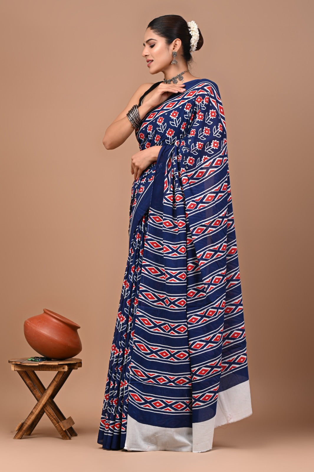 Jaipuri Printed Pure Cotton Mulmul Saree With Blouse