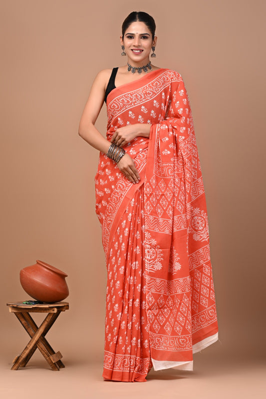 Jaipuri Printed Pure Cotton Mulmul Saree With Blouse