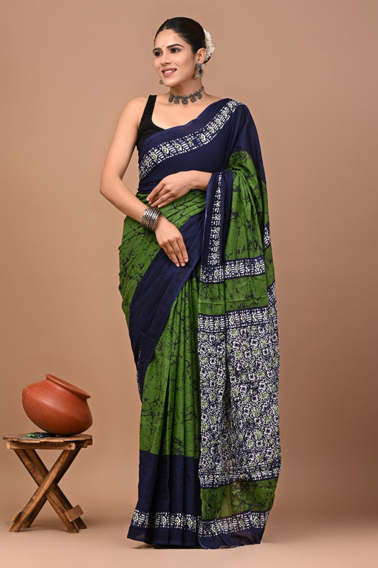 Jaipuri Printed Pure Cotton Mulmul Saree With Blouse