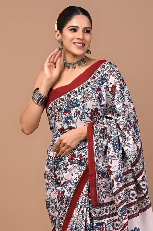Jaipuri Printed Pure Cotton Mulmul Saree With Blouse