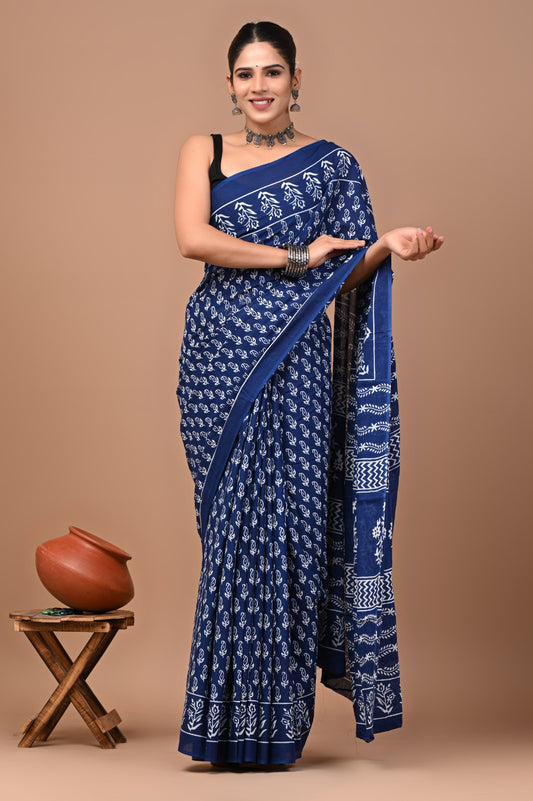 Jaipuri Printed Pure Cotton Mulmul Saree With Blouse