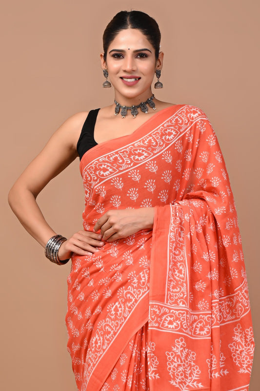 Jaipuri Printed Pure Cotton Mulmul Saree With Blouse