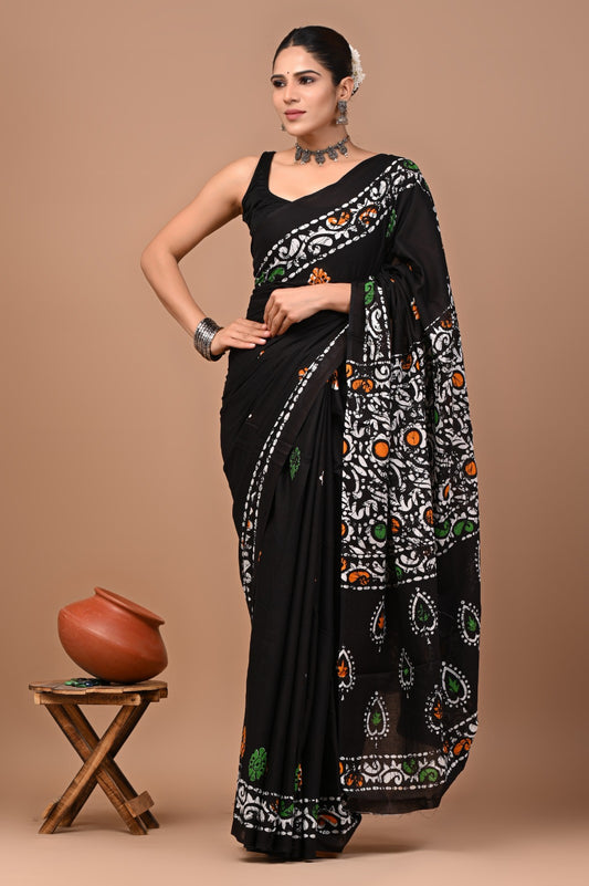 Jaipuri Printed Pure Cotton Mulmul Saree With Blouse