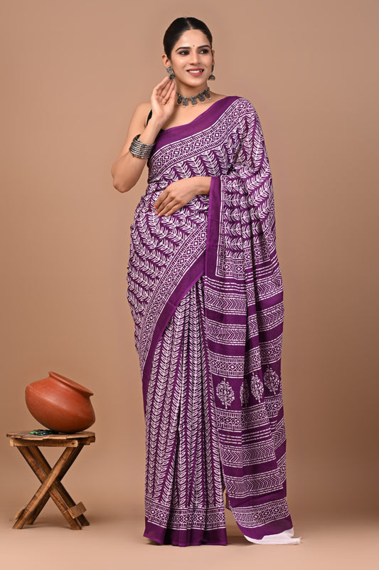 Jaipuri Printed Pure Cotton Mulmul Saree With Blouse