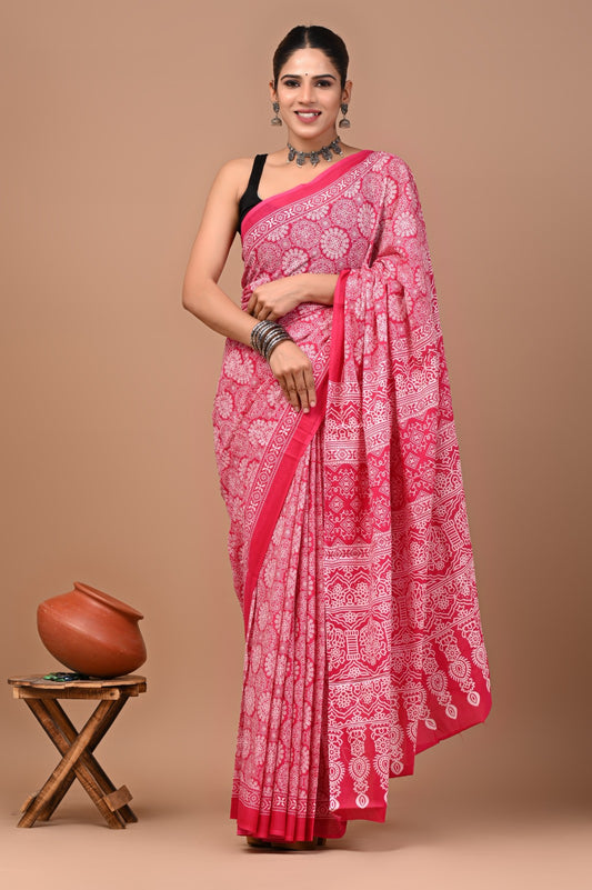 Jaipuri Printed Pure Cotton Mulmul Saree With Blouse