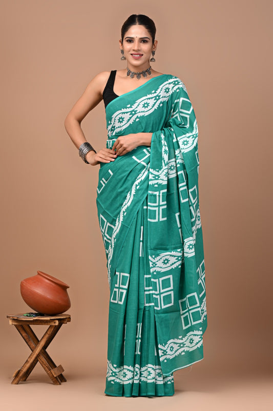 Jaipuri Printed Pure Cotton Mulmul Saree With Blouse