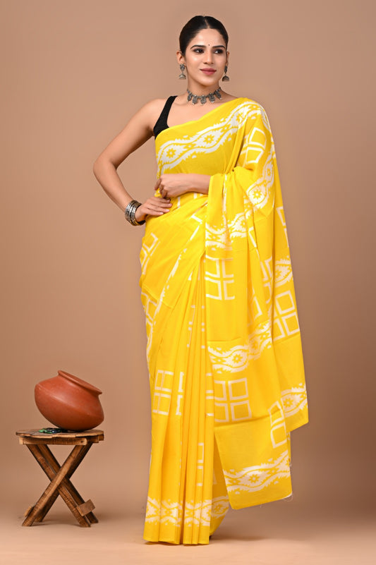 Jaipuri Printed Pure Cotton Mulmul Saree With Blouse