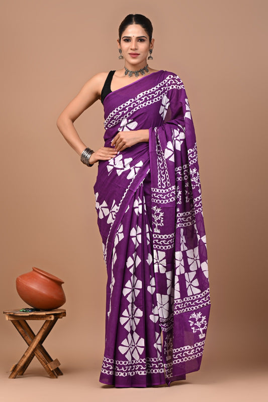 Jaipuri Printed Pure Cotton Mulmul Saree With Blouse