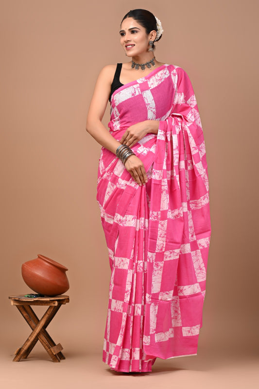 Jaipuri Printed Pure Cotton Mulmul Saree With Blouse