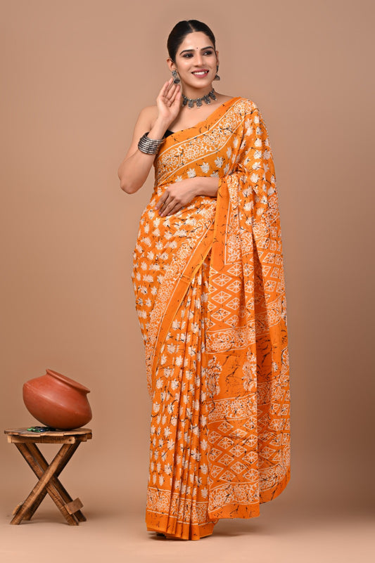 Jaipuri Printed Pure Cotton Mulmul Saree With Blouse