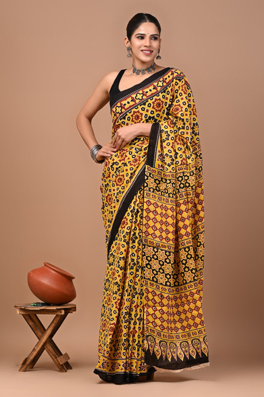 Jaipuri Printed Pure Cotton Mulmul Saree With Blouse