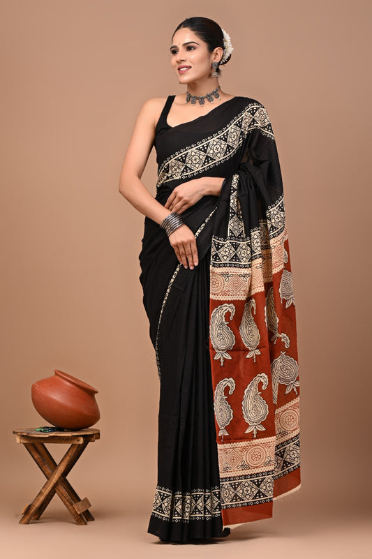 Jaipuri Printed Pure Cotton Mulmul Saree With Blouse