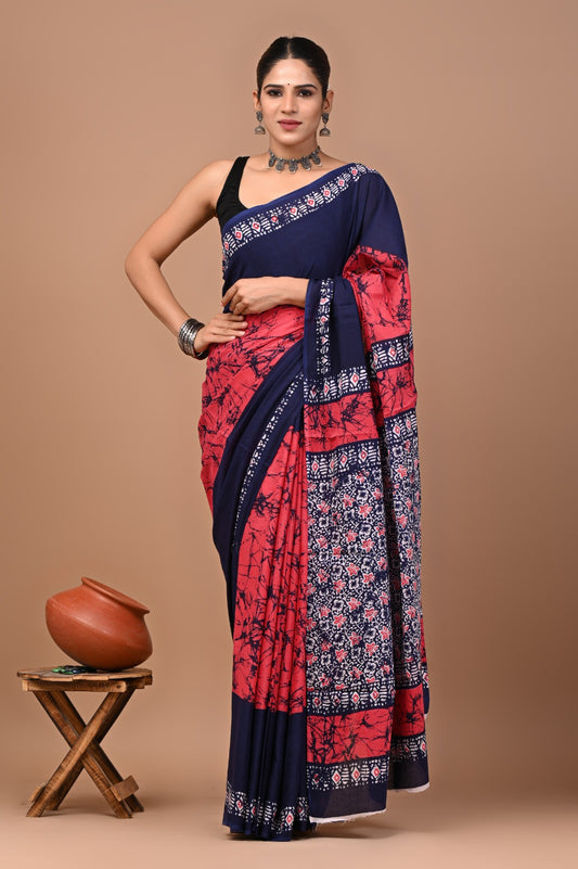 Jaipuri Printed Pure Cotton Mulmul Saree With Blouse