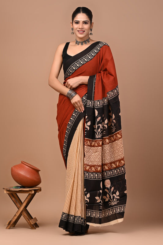 Jaipuri Printed Pure Cotton Mulmul Saree With Blouse