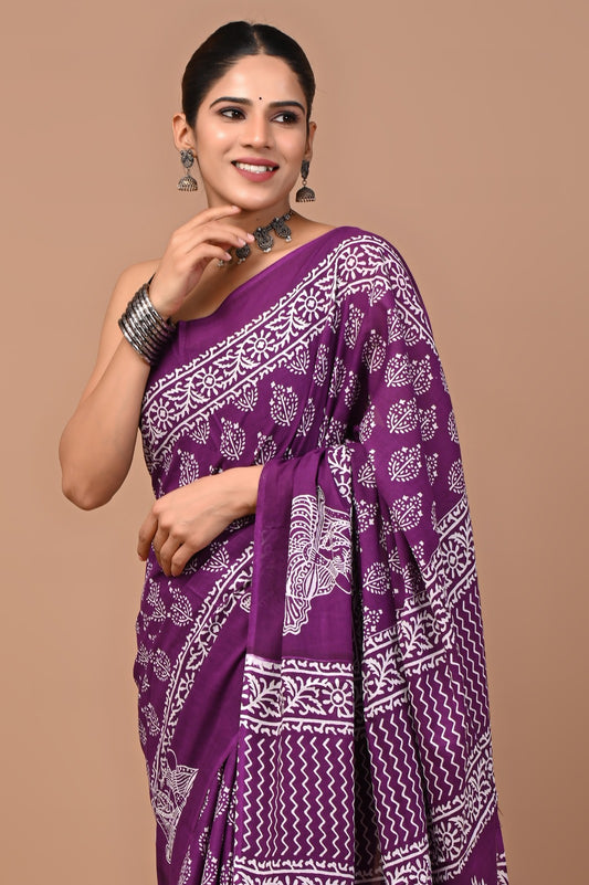 Jaipuri Printed Pure Cotton Mulmul Saree With Blouse
