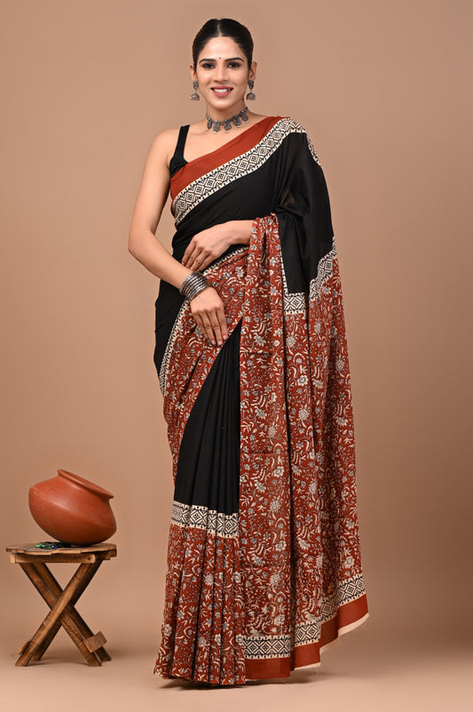 Jaipuri Printed Pure Cotton Mulmul Saree With Blouse