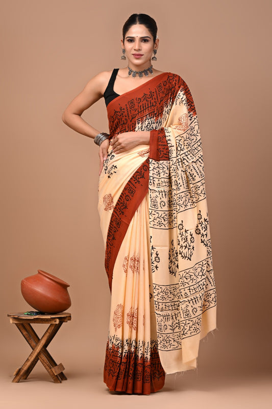 Jaipuri Printed Pure Cotton Mulmul Saree With Blouse