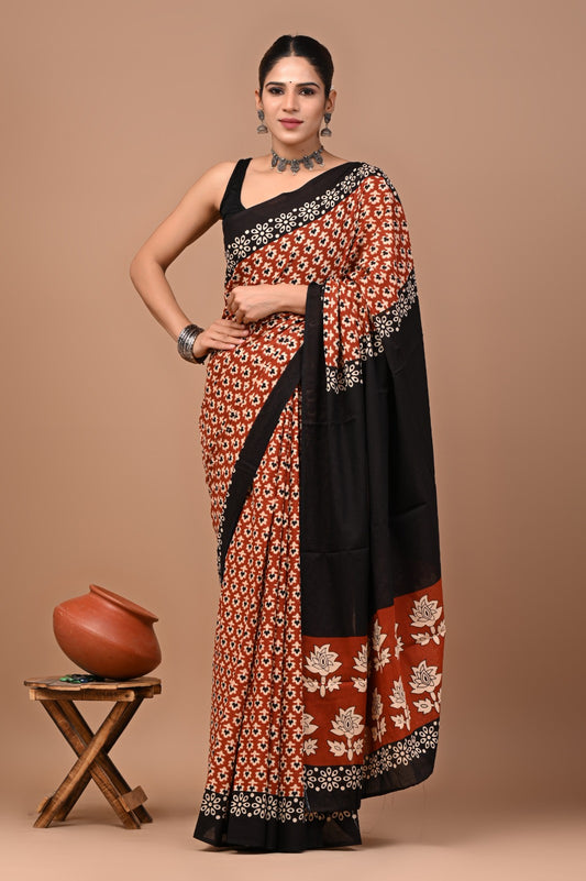 Jaipuri Printed Pure Cotton Mulmul Saree With Blouse