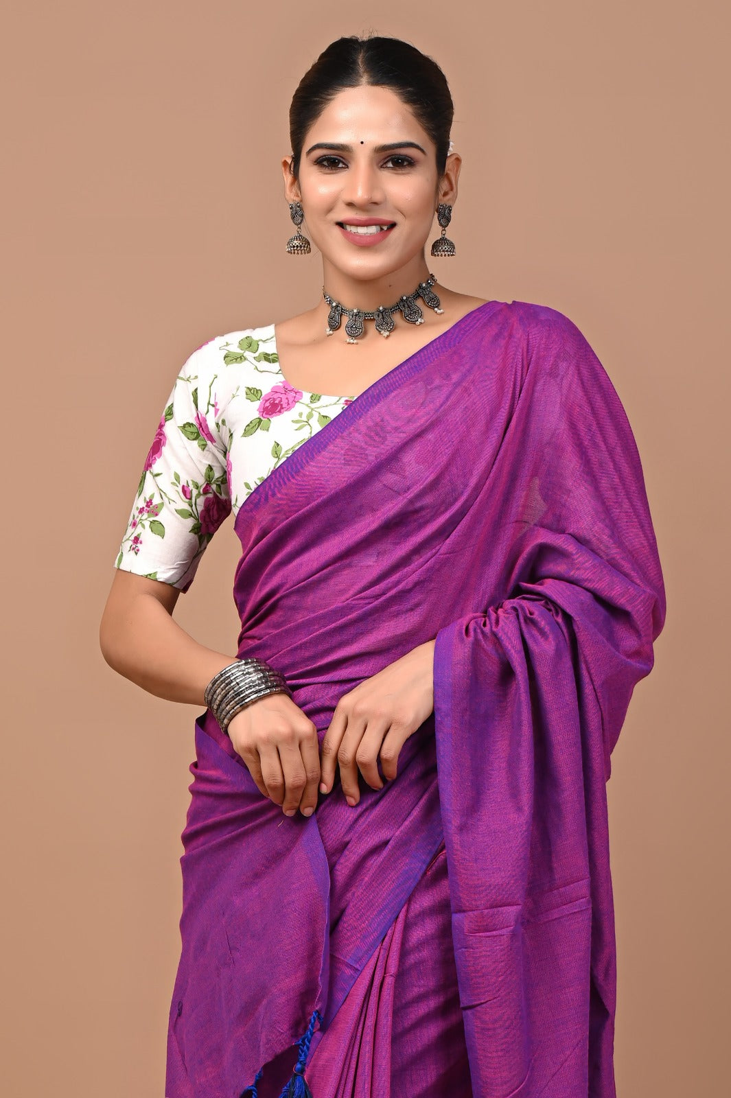 Handloom Cotton Saree With Printed Blouse