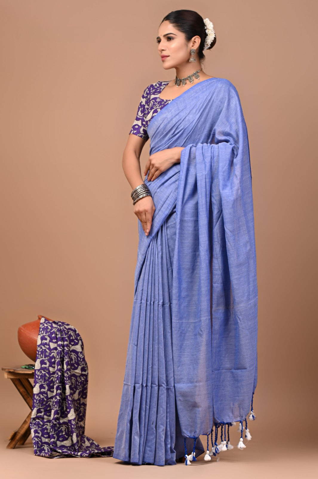 Handloom Cotton Saree With Printed Blouse