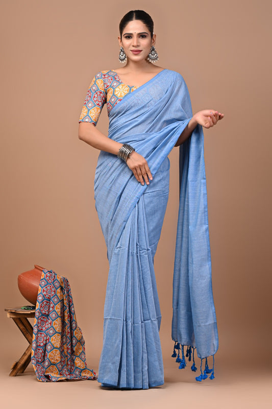 Handloom Cotton Saree With Printed Blouse