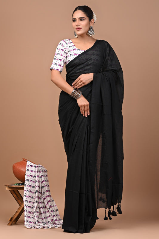 Handloom Cotton Saree With Printed Blouse