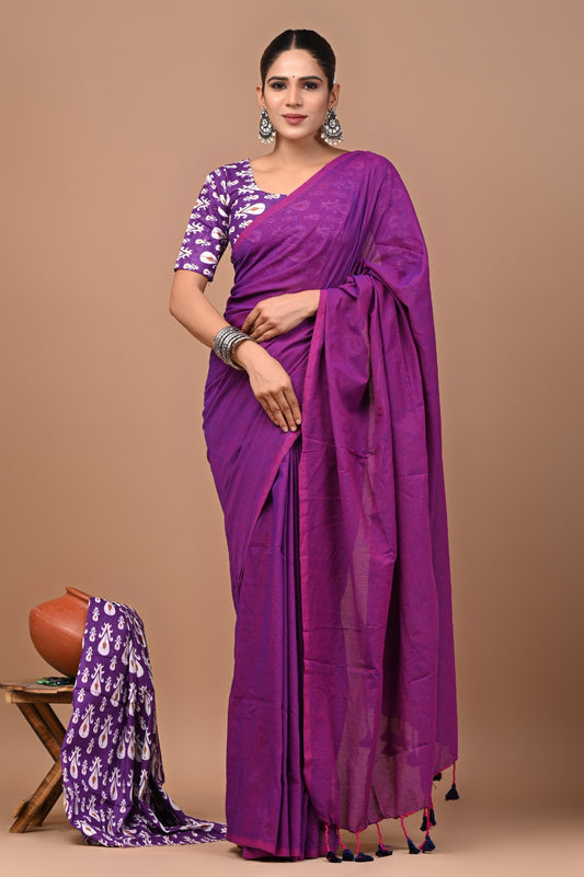 Handloom Cotton Saree With Printed Blouse