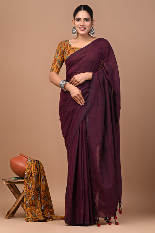Handloom Cotton Saree With Printed Blouse