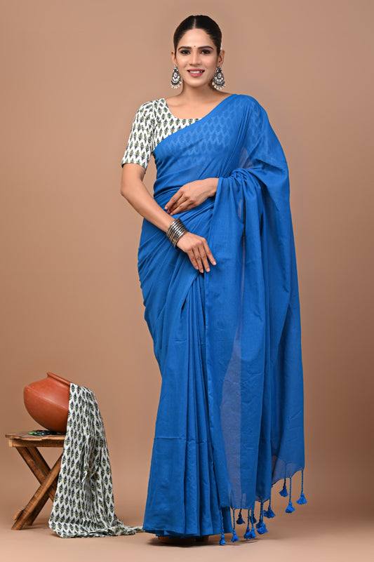 Handloom Cotton Saree With Printed Blouse